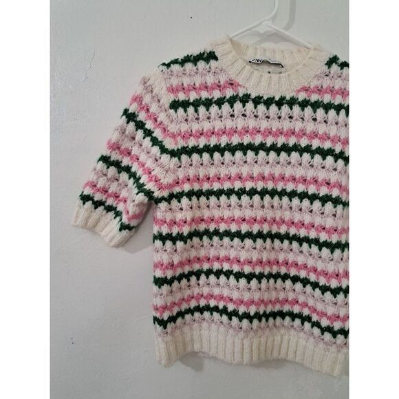 Zara Womens Small SOFT STRIPE KNIT Alpaca sweater Top Short Sleeve Pink Green - Picture 3 of 6
